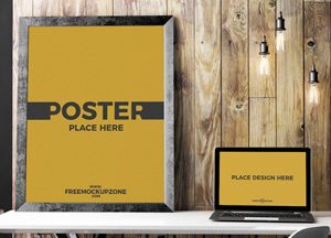 Free-Laptop-With-Poster-Frame-Mockup-2018