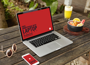 Smartphone-With-Laptop-Mockup-Placing-on-Wooden-Table