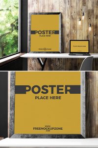 Free-Laptop-With-Poster-Frame-Mockup