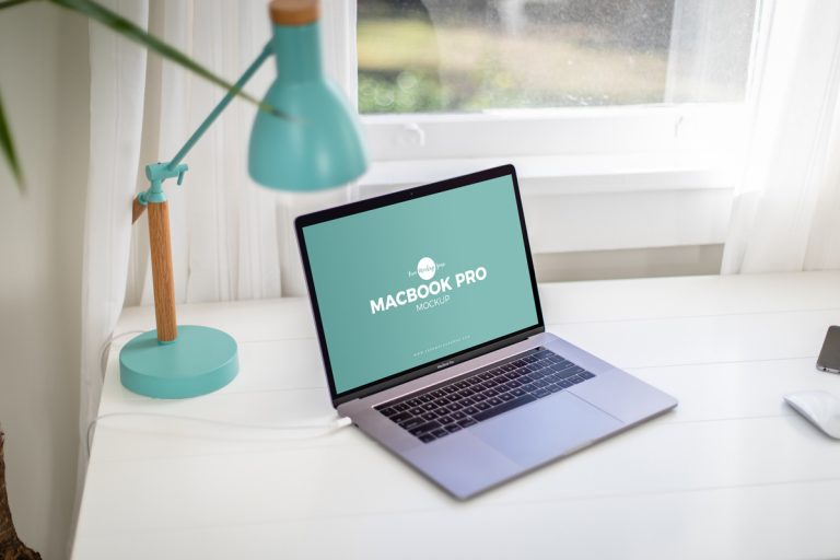 Free Home Office Desk With MacBook Pro Mockup PSD - Free Mockup