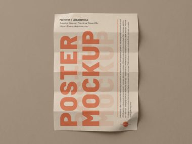 A minimalist branding poster mockup displayed in a high-quality PSD template format, showing a clean vertical poster frame against a neutral background with realistic shadows.