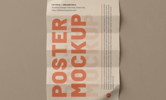 A minimalist branding poster mockup displayed in a high-quality PSD template format, showing a clean vertical poster frame against a neutral background with realistic shadows.